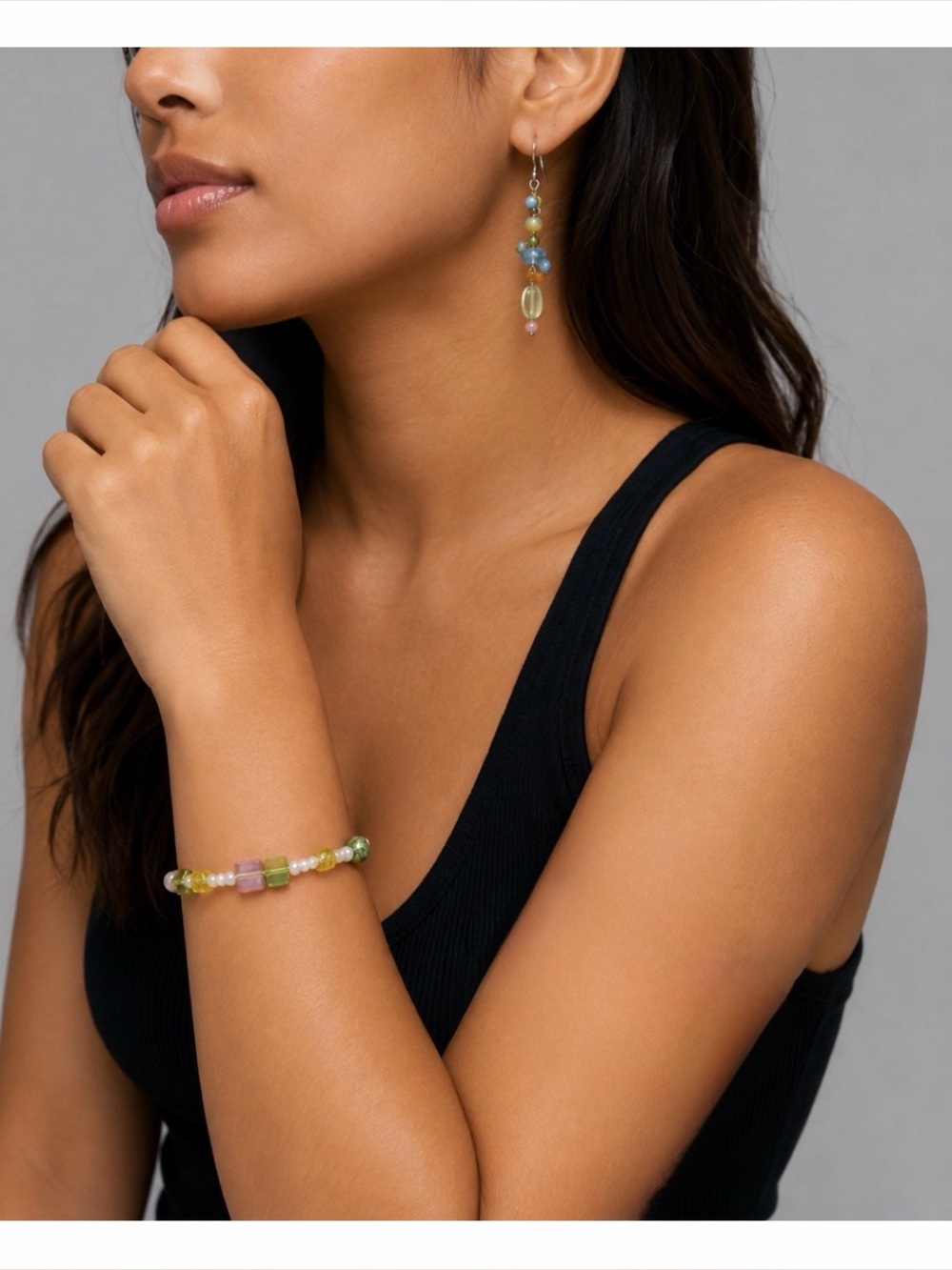 Handmade Multicolor Pastel Beaded Bracelet & Dangle Earrings Set, OS